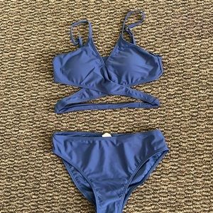 All blue two piece swimsuit with white and blue feathers swimsuit shorts, Shein